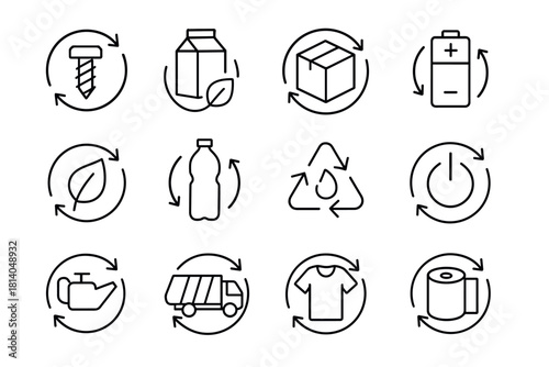 Ecofriendly recycling icons for sustainable practices in line art style