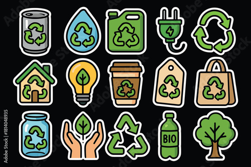 Ecofriendly sticker collection recycling and sustainable living icons