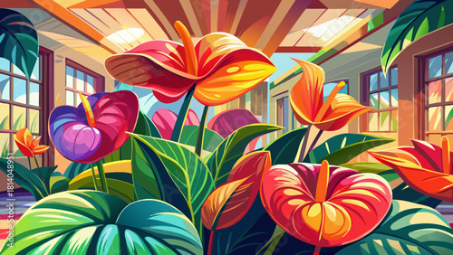 Very beautiful colorful anthurium flowers with glossy petals displayed in a bright indoor space, where natural light enhances the rich pink and orange hues, creating a stunning and vibrant tropical 