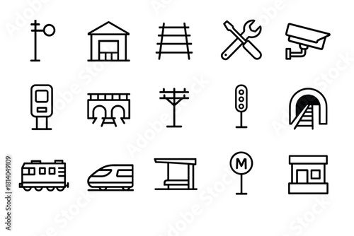 Linear transportation icons train, station, tracks, and tools set for modern design