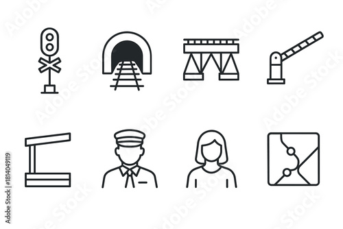 Railway line icons signals, tunnels, bridges, maps in minimalist style