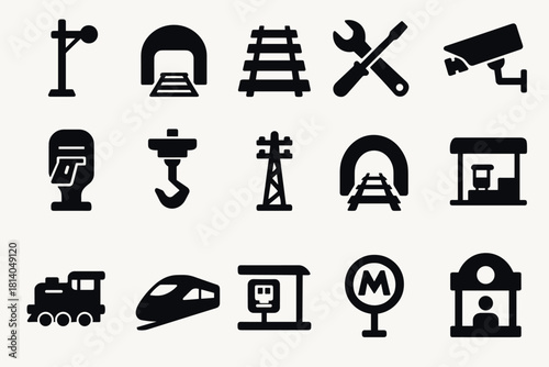 Transportation and security icons train, metro, tools, cctv in silhouette style