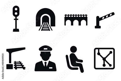 Set of iconic black train transportation symbols in modern silhouette style