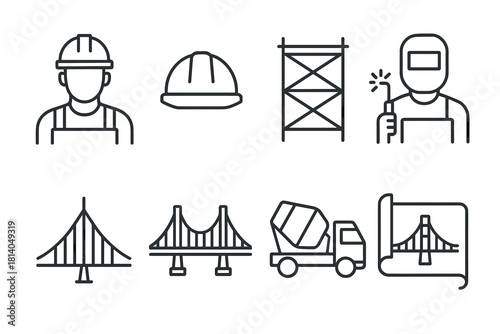 Construction icons set engineer, architect, scaffolding, welding, bridge, concrete mixer