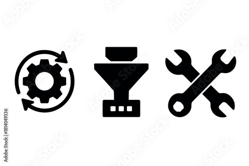 Black silhouette icons of gear, funnel, and wrench crossed on white background