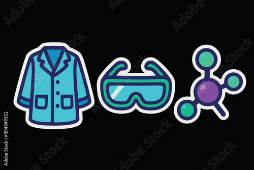 Colorful science icons featuring lab coat, safety goggles, and molecule on dark background
