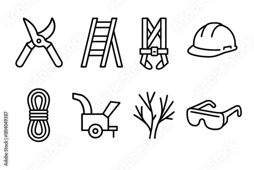 Essential gardening and safety equipment icons in modern linear style