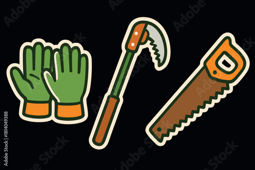 Gardening tools with gloves, pruning saw, and hand saw in retro sticker style