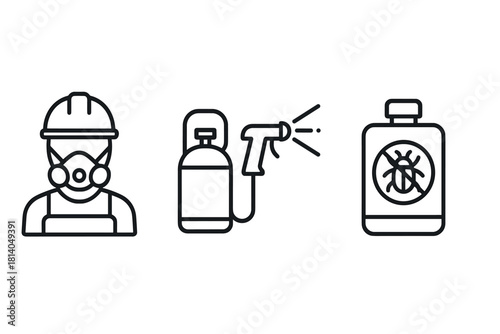Pest control safety: linear icons of worker, equipment, and chemical bottle