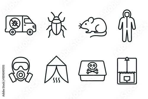 Pest control icons: rodent, insect, and safety gear line art set