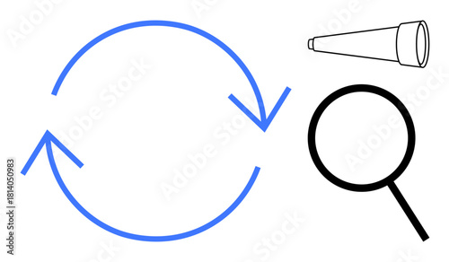 Looping arrows, magnifying glass, and telescope convey ideas of process, exploration, analysis, insight, goal-setting, renewal and strategic thinking. Ideal for science discovery education
