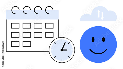 Time management concept. Calendar, clock, and smile depict productivity and planning. Time management promotes efficiency and organization. Perfect for teamwork, apps, workflow, scheduling tools