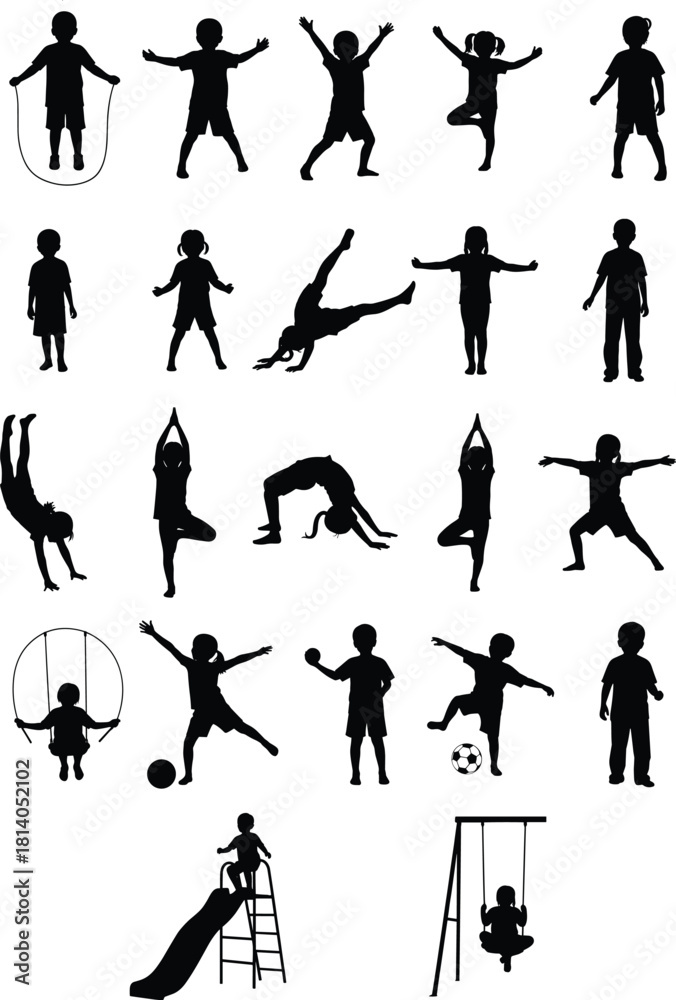 Fototapeta premium Silhouette collection of active children playing, jumping, exercising, and enjoying outdoor activities, showcasing diverse kid movements for creative vector design projects