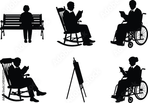 Silhouette collection of adults reading on benches, rocking chairs, and wheelchairs, illustrating relaxation, learning, accessibility, and peaceful leisure activities for vector design projects