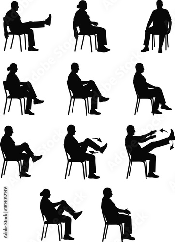 Silhouette collection of seated exercise poses demonstrating stretching, mobility, and physical therapy movements for fitness, rehabilitation, wellness training, and instructional vector illustrations