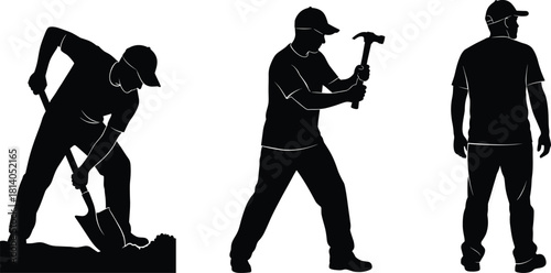 Silhouette illustration of construction workers performing manual labor tasks with shovel, hammer, and standing pose, representing industry, workforce, craftsmanship, and hard physical work