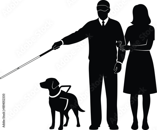 Silhouette illustration showing blind man with white cane, supportive woman companion, and trained guide dog representing disability assistance, safety, independence, and inclusion