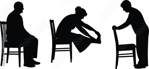 Silhouettes of adults performing seated and standing chair exercises demonstrating flexibility, mobility, and low-impact fitness movements for wellness, rehabilitation