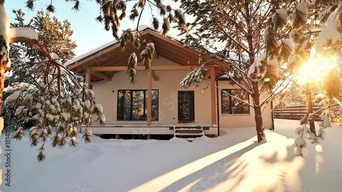 A cozy white house stands in a snowy winter landscape. Sun peeks through the trees, casting long shadows on the snow. The house has a wooden frame and a welcoming porch.