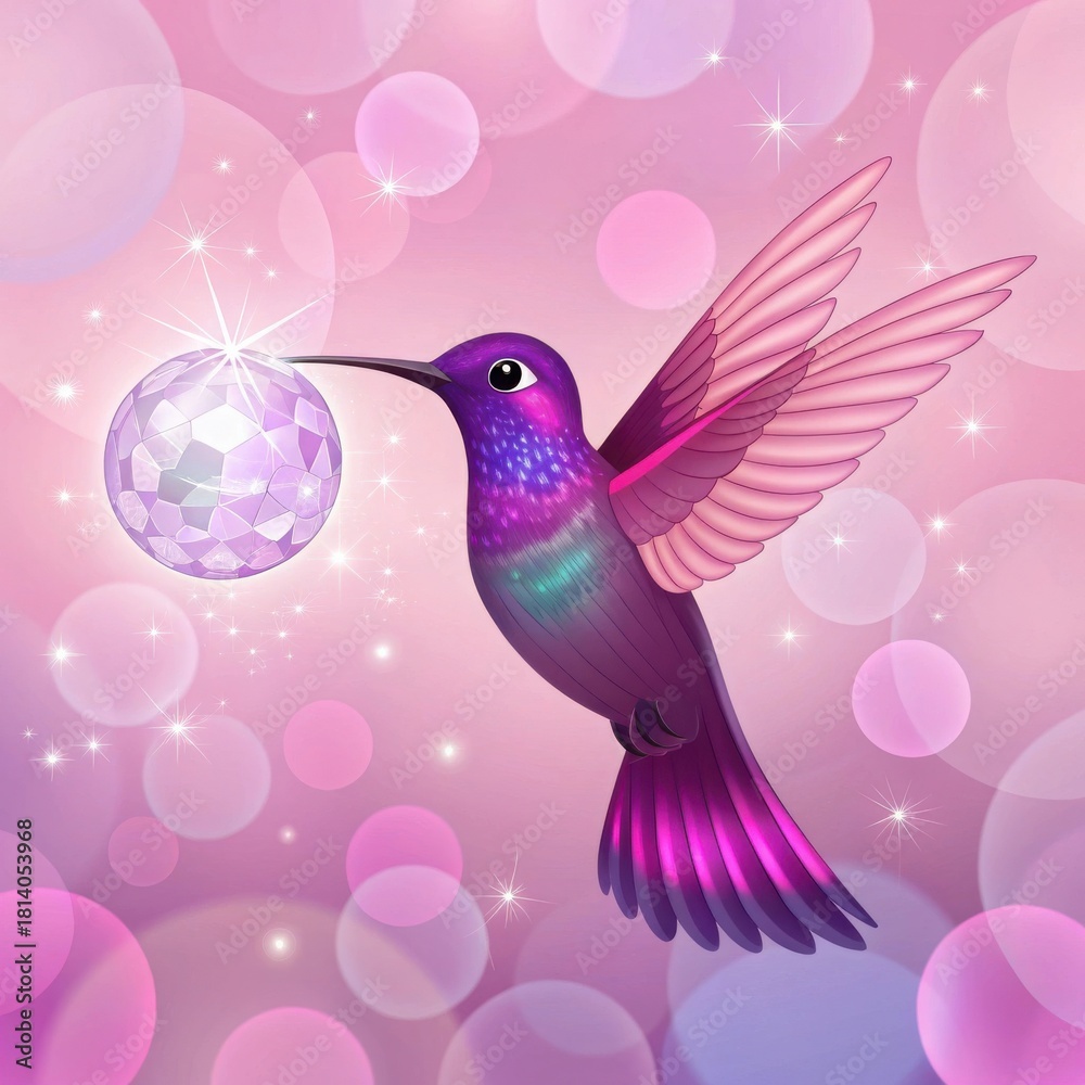 Obraz premium Iridescent purple pink hummingbird reaching for glowing orb magical fantasy nature wildlife