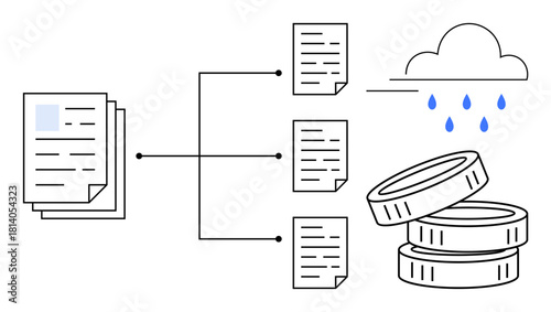 Stack of documents branching into smaller files, cloud with raindrops, coins symbolizing data monetization. Ideal for file organization, data flow, cloud storage, profit, technology, process