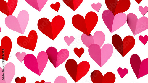 Seamless background of 3D paper hearts in red and pink shades.