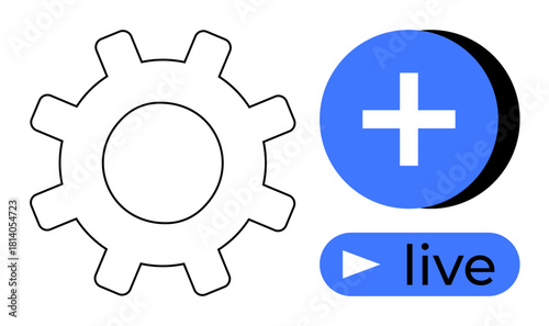 Technology concept. Gear and plus sign with live streaming symbol technology processes, media integration, and online content creation. For app design, live streaming platforms, digital technology