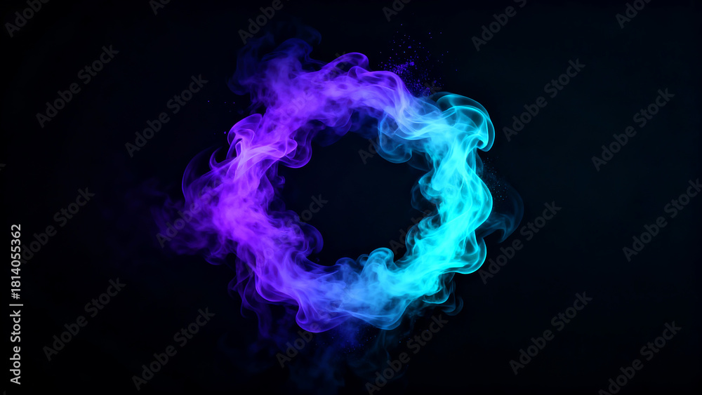 Fototapeta premium Abstract Neon Purple and Cyan Smoke Ring Circle Isolated on Black Background.