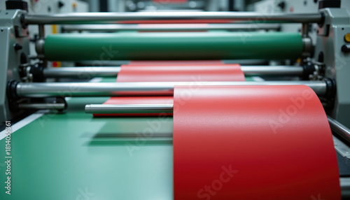 Christmas wrapping factory machinery with red and green paper rolls in production line, industrial equipment creating festive packaging for holiday season, efficient and vibrant atmosphere