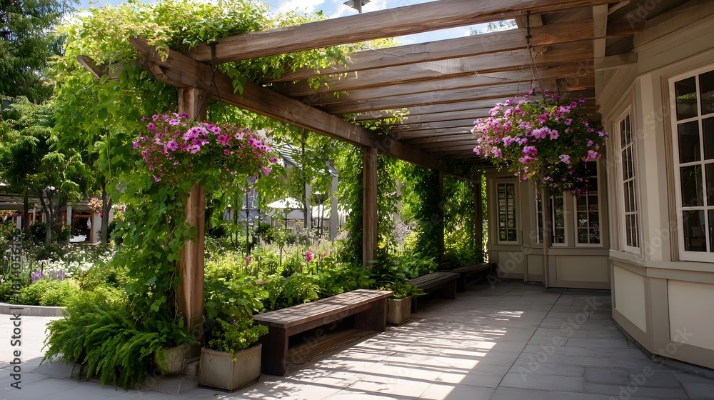 Fototapeta premium A wooden pergola covered in lush green vines and hanging pink flowers offers a shaded tranquil pathway with benches