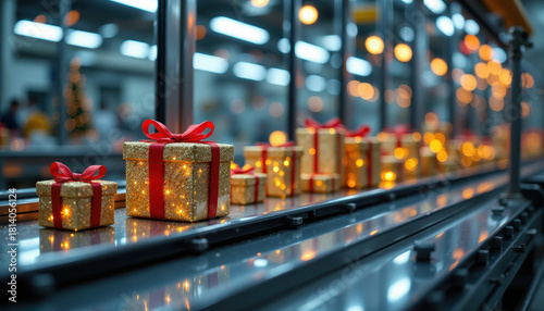 Christmas wrapping factory with festive gift boxes decorated with red ribbons and gold paper on conveyor belt in bright industrial setting, joyful holiday atmosphere