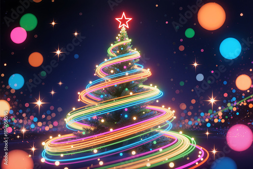 Abstract Christmas tree made of swirling multicolor lights and bokeh glows against a dark sparkling background, crowned with a radiant red star for a magical holiday feel.