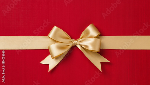 Elegant golden satin ribbon and bow set against a rich red background, creating a luxurious, festive look perfect for holiday gifting and celebrations.