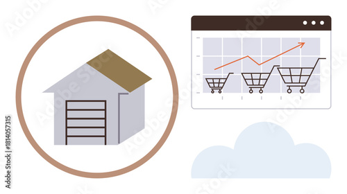 Warehouse with a brown roof and garage door beside a rising sales graph with shopping carts and cloud. Ideal for online shopping, business growth, logistics, inventory, e-commerce, marketing, cloud