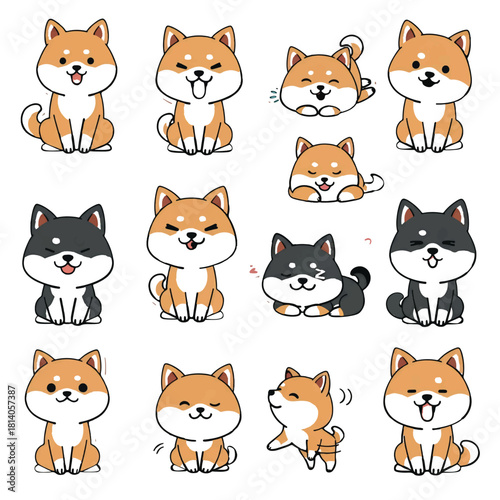 Big Set of Cute Chibi Shiba Inu Dogs in Various Poses and Colors