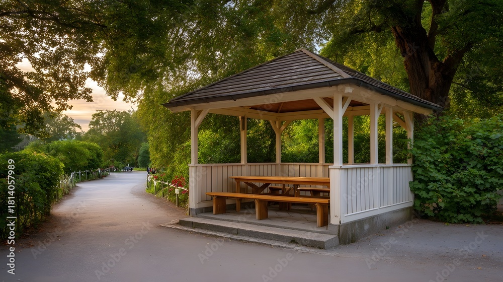 Naklejka premium Serene park gazebo with wooden seating bathed in soft golden hour light