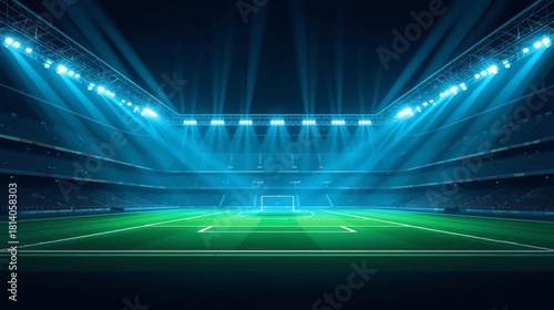 Vast empty atmospheric football stadium viewed from the center of the pitch on a bright day