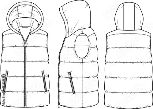 CAD Drawing Flat Vector Illustration of a Hooded Puffer Vest with Quilted Panels Zipper Closure and Pockets Front Side Back Technical Sketch