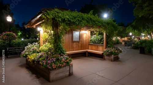 Fototapeta Naklejka Na Ścianę i Meble -  Serene garden kiosk at night adorned with blooming flowers and climbing vines offering a tranquil illuminated retreat
