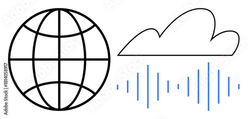 Globe representing global reach, cloud for storage and computing, with soundwave symbolizing data exchange. Ideal for technology, communication, innovation, networking, data sharing, digital