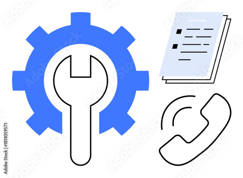 Blue gear with wrench, stacked papers, and phone handset illustrating maintenance, documentation, and communication. Ideal for customer support, technical assistance, repair services, cooperation