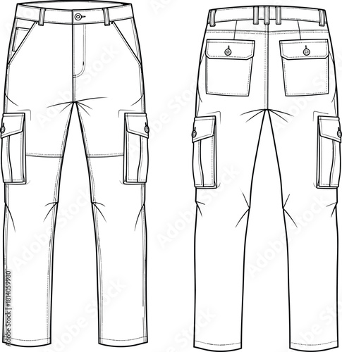 CAD Drawing Flat Vector Illustration of Classic Cargo Pants with Buttoned Flap Pockets Belt Loops and Straight Leg Fit Technical Design Blueprint