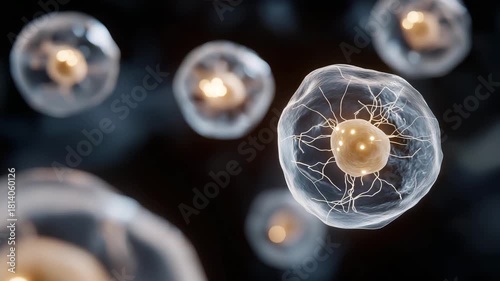 Transparent human cell model under high magnification revealing nucleus and thin filament networks, symbolizing biotechnology innovation, gene therapy research, and microscopic study of biological