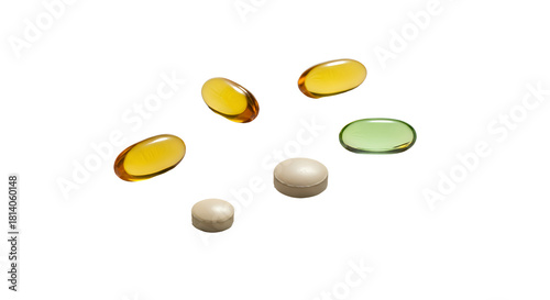 Colorful Capsules and Tablets on White