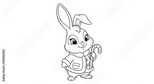 Adorable cartoon bunny ready for winter, wearing a cozy coat and holding a candy cane brings festive cheer and joyful holiday spirit for coloring books