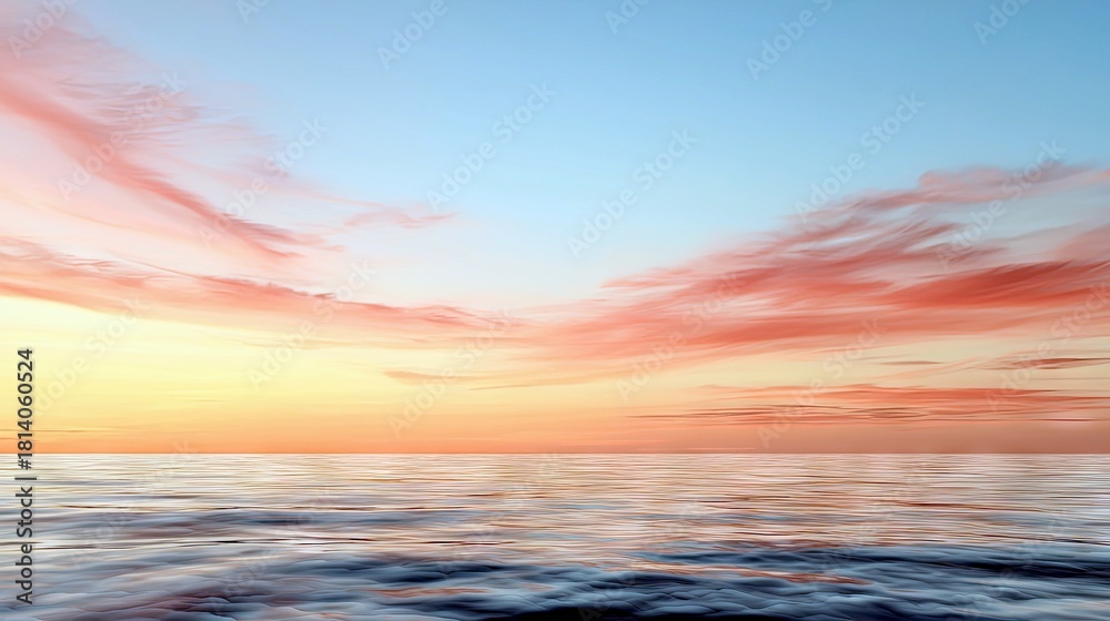 Obraz premium A serene ocean scene at sunset, with the sky painted in hues of orange, pink, and blue, reflecting on the rippling water.