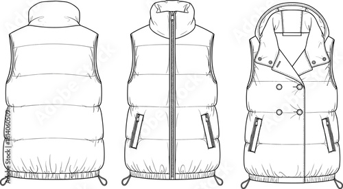 CAD Drawing Flat Vector Illustration of Puffer Vests with Zippered Pockets Quilted Structure Hood and Double Breasted Design Technical Sketch Template