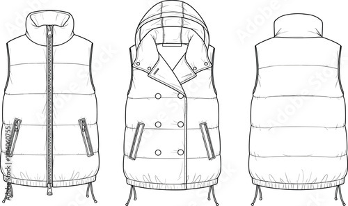 CAD Drawing Flat Vector Illustration of Quilted Puffer Vests with High Collar Hood Double Breasted Buttons and Drawstring Hem Technical Sketch