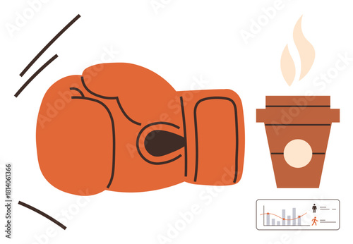 Boxing glove, steaming coffee cup, and graph highlight energy, wellness, fitness, productivity, work-life balance, determination and focus. Ideal for health campaigns training programs lifestyle