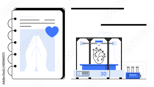 Notebook with medical diagrams and heart icon beside a 3D printer creating a human organ. Ideal for healthcare, technology, medicine, innovation, science, bioprinting, futuristic concepts. Simple